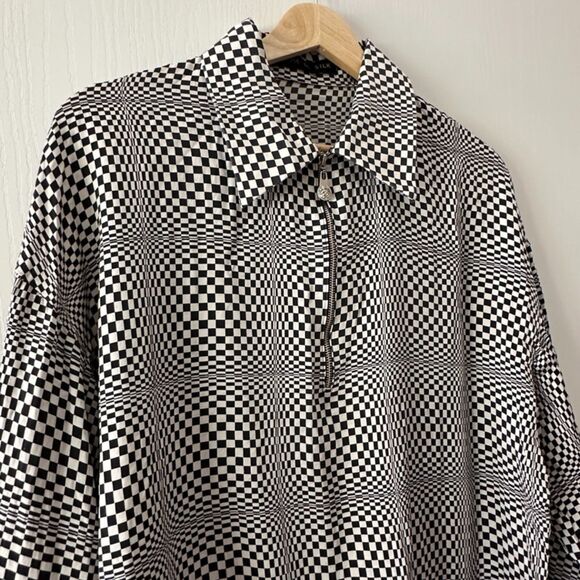 Creme De Silk Vintage‎ Mens Checkered Illusion Half Zip 100% Silk Shirt Large - Picture 2 of 10